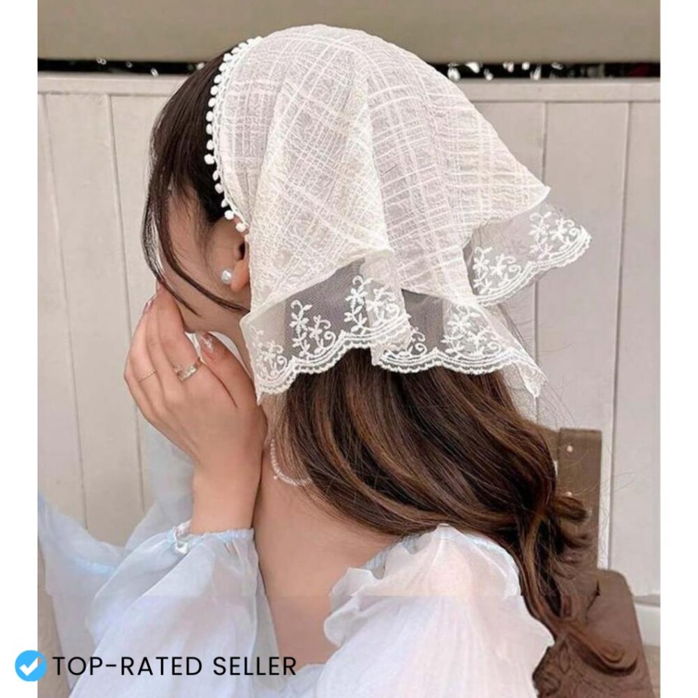 White Lace Head Scarf Bandana Boho Chic Adjustable Tie Back Hair Accessory